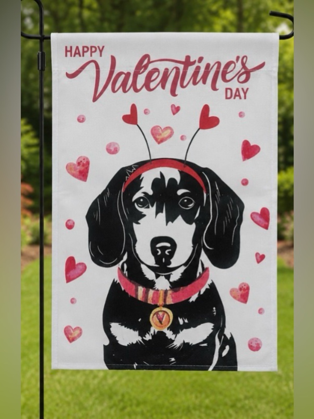 Valentine's Day Dog Garden Flag - Black & Pink Dachshund